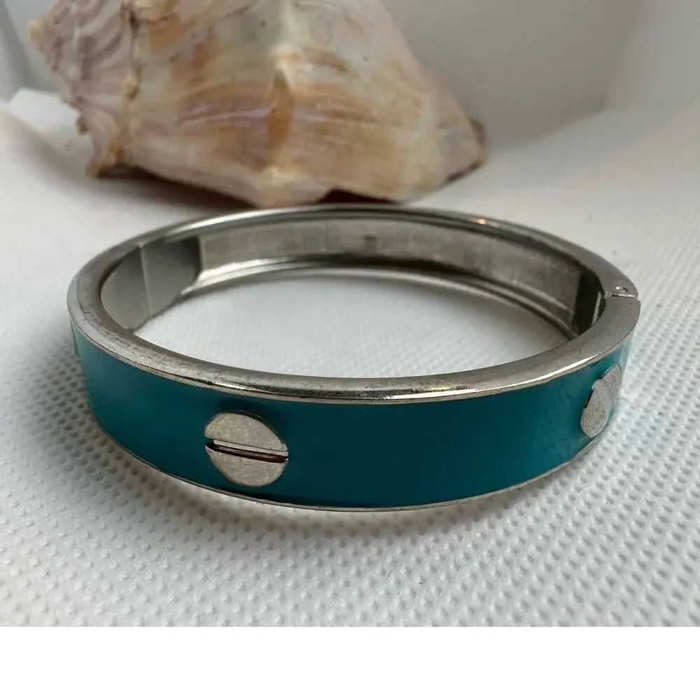 Vintage Y2K Women's Silvertone Turquoise Blue Hinge Screw Bracelet Size 7.5